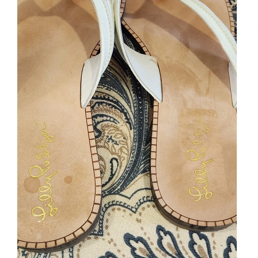 Lilly Pulitzer McKim Sandal Resort White Leather Thong Flat Gold Ring Size 6.5M